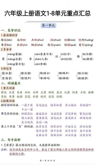 六年级语文上册期中复习资料有哪些重点？