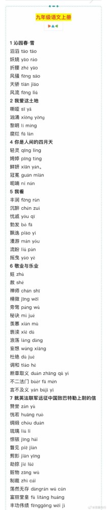 九年级上册语文字词表