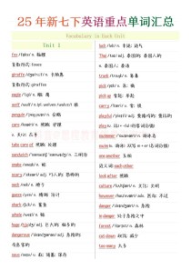 七年级英语下册词汇表有哪些重点词汇？