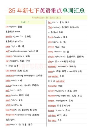 七年级英语下册词汇表有哪些重点词汇？