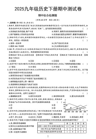 九年级下册历史期中测试重点是什么？