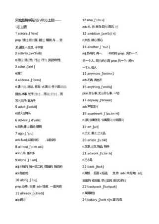 冀教版八年级英语上册单词表有哪些重点？