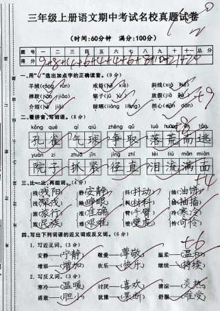 小学三年级上册语文期中试卷