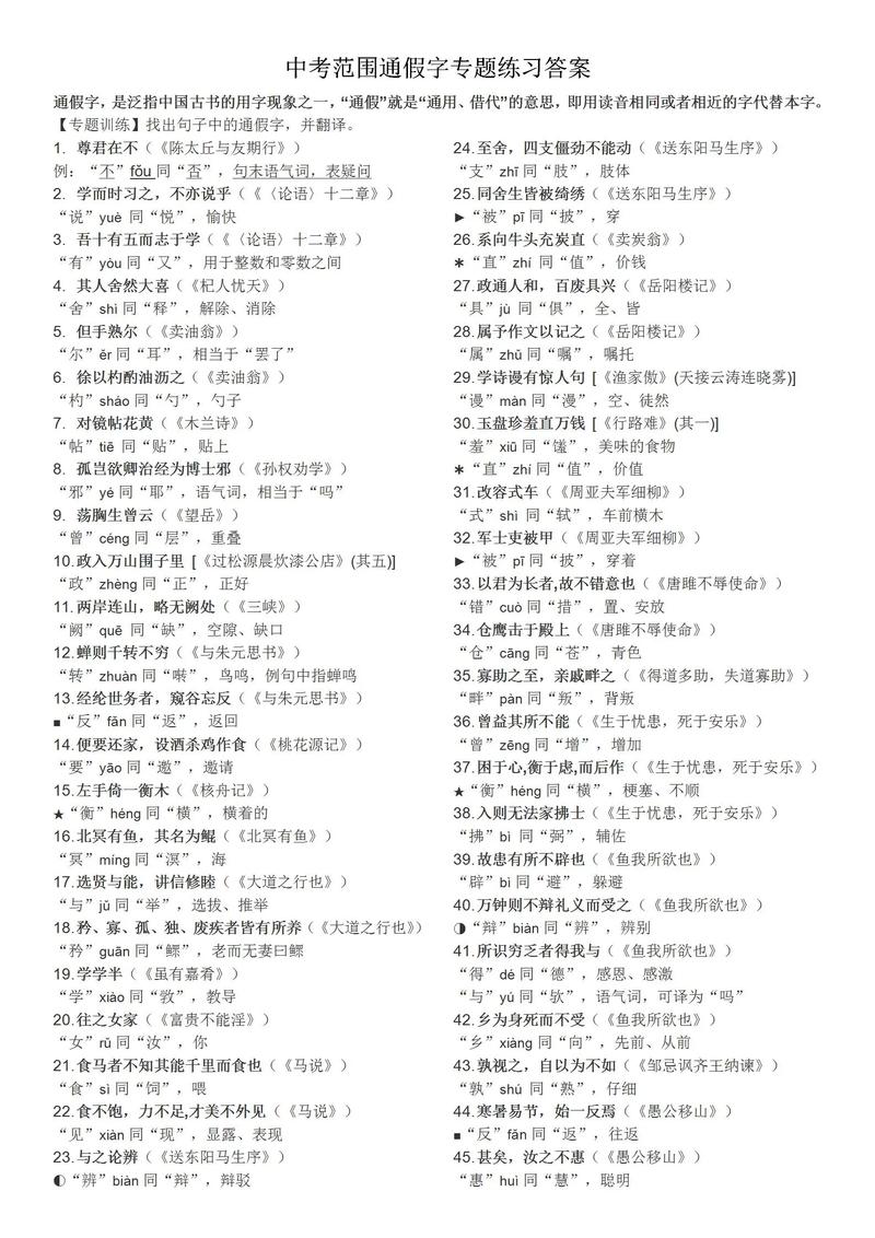 初中古诗文通假字有哪些常见用法?