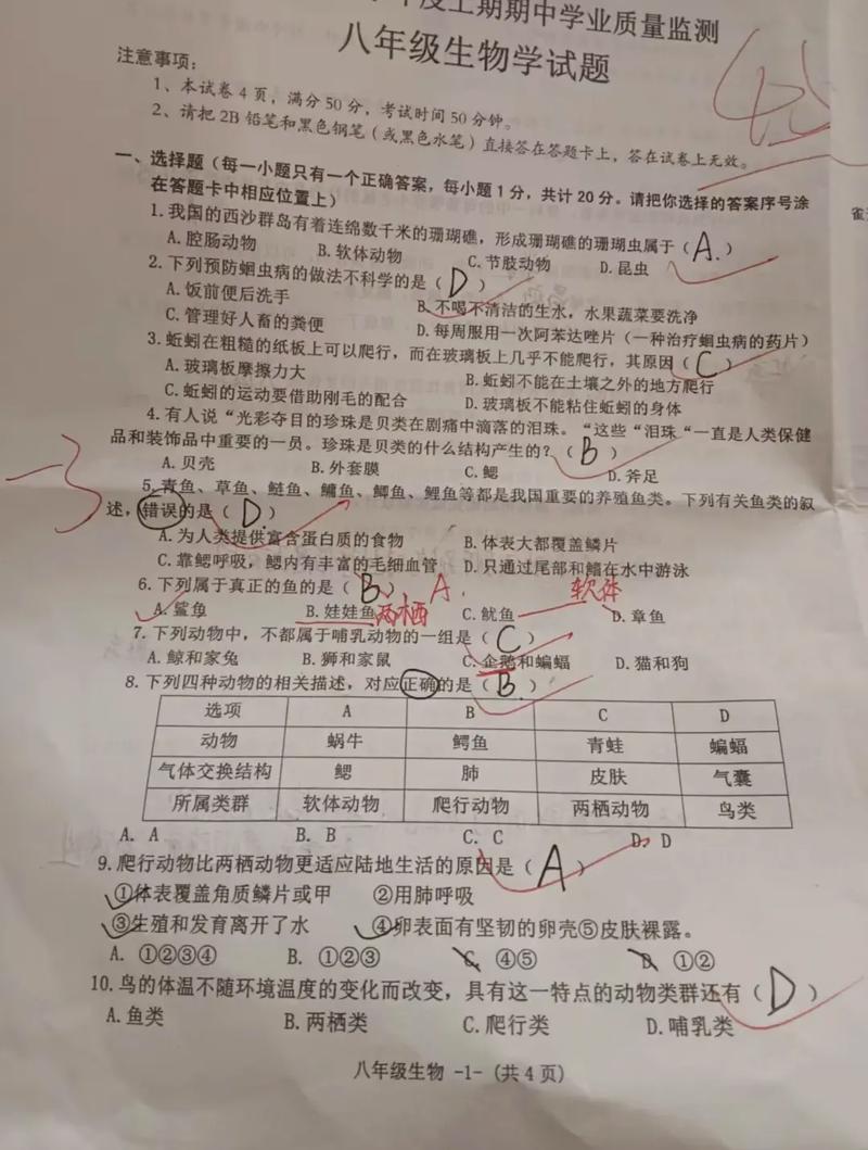 八年级上册生物期中试卷答案在哪里？