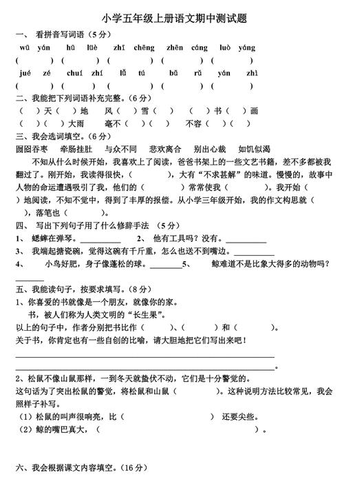 s版五年级语文上册期中试卷