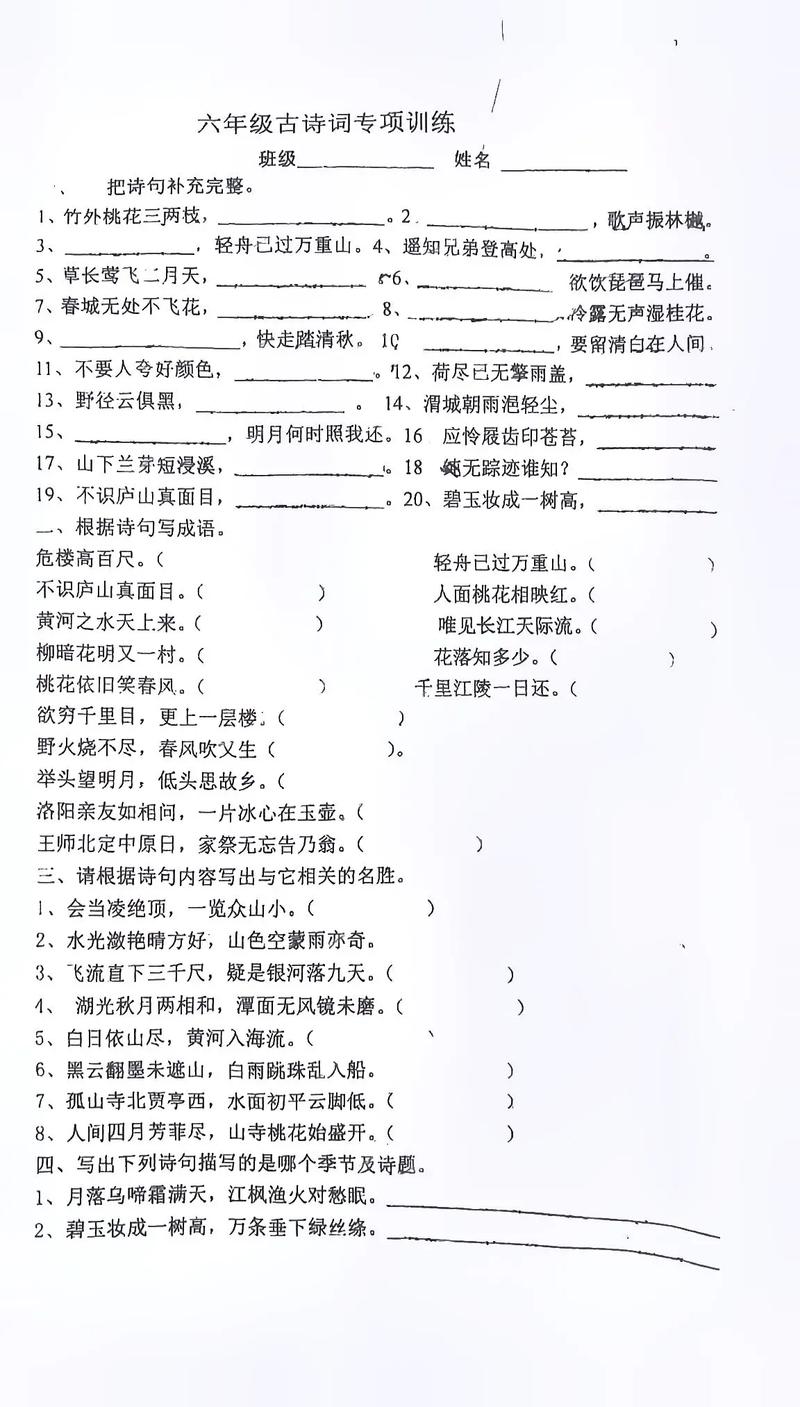 六年级古诗专项练习答案