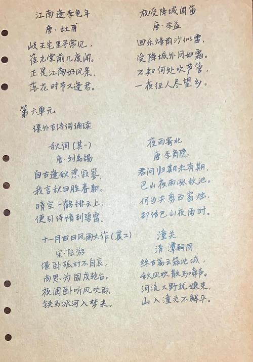 初一的语文要背的古诗词