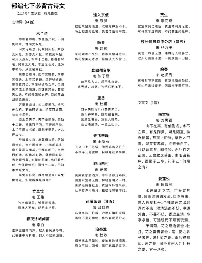 七年级上册必考课外古诗有哪些？