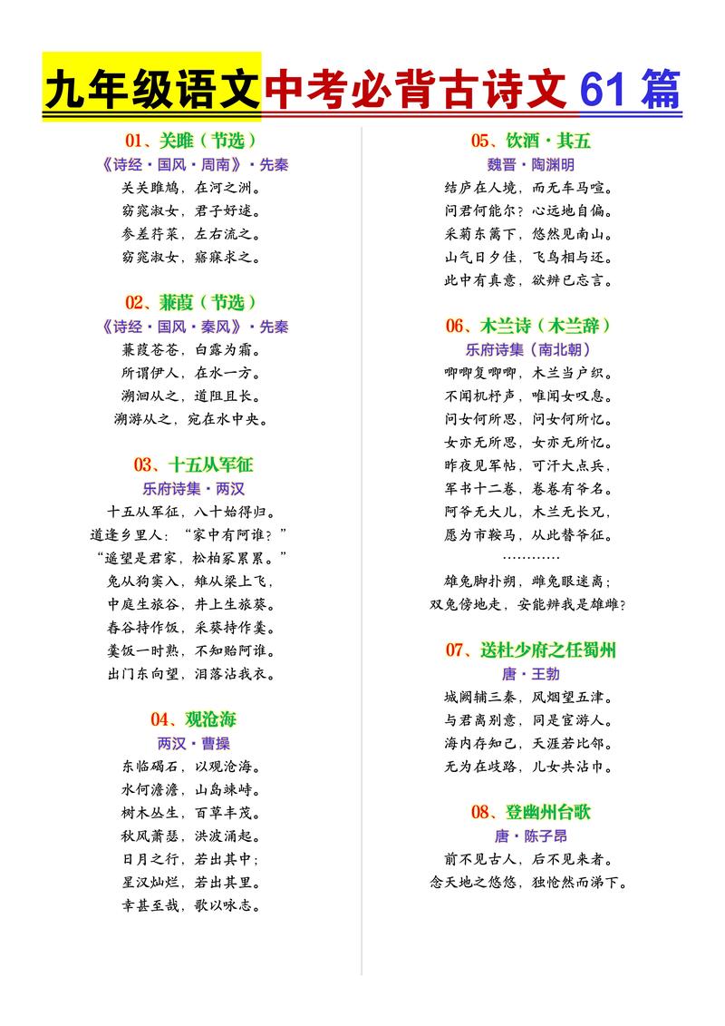 九年级人教版古诗词有哪些必背篇目?