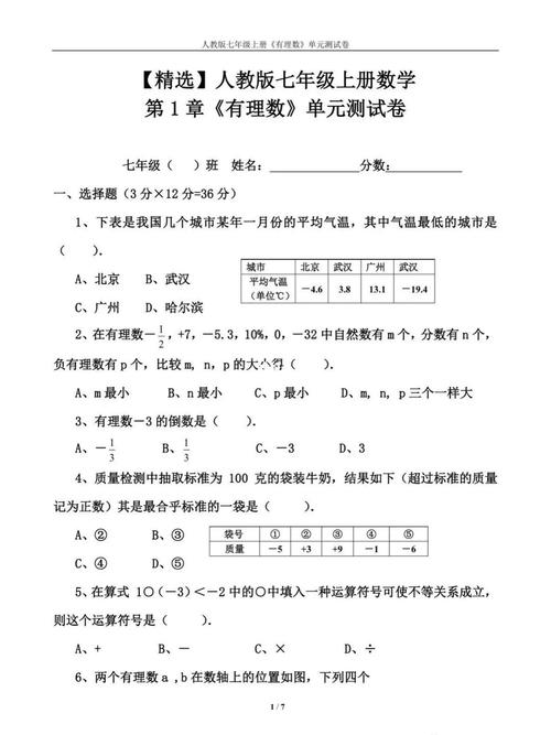 七年级数学上册第一单元试卷重点难点是什么？