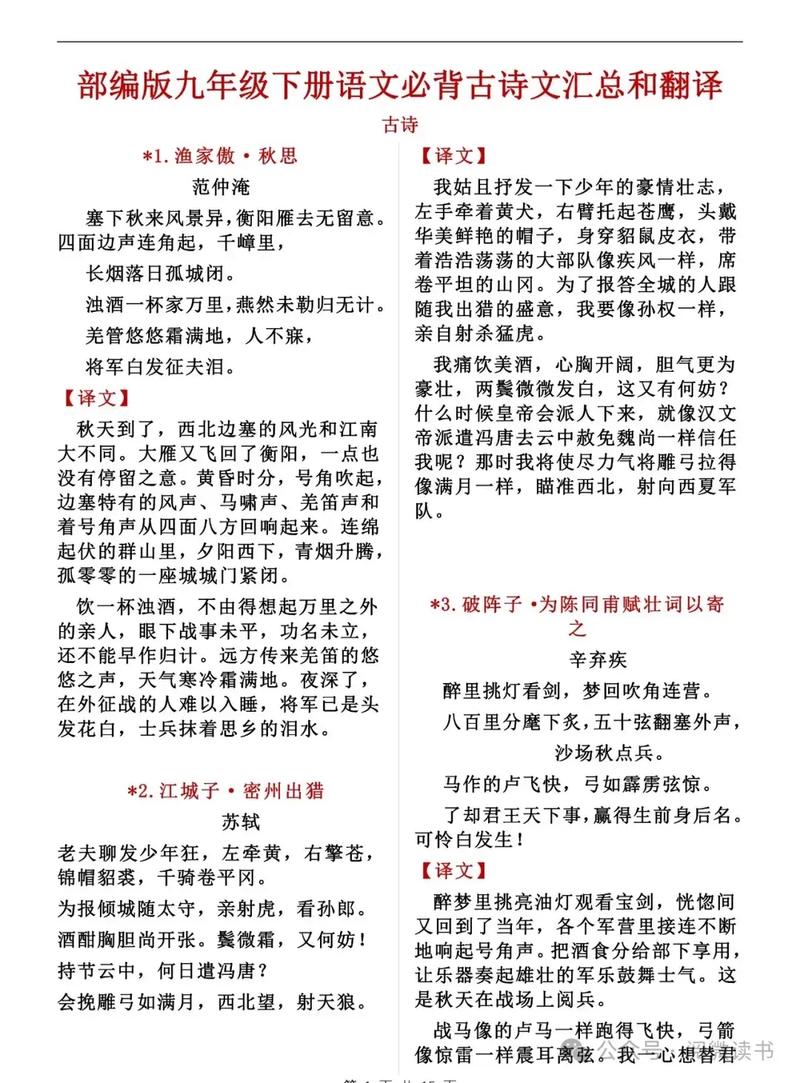 9年级古诗课后翻译，重点难点解析？