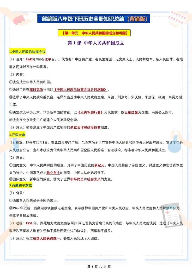 人教版八年级下册历史提纲重点难点是什么?