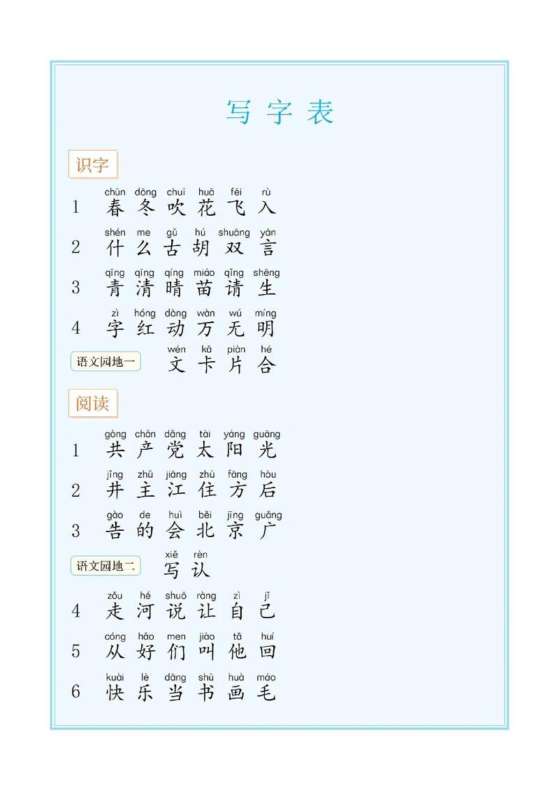 一年级下册语文生字表有哪些生字？