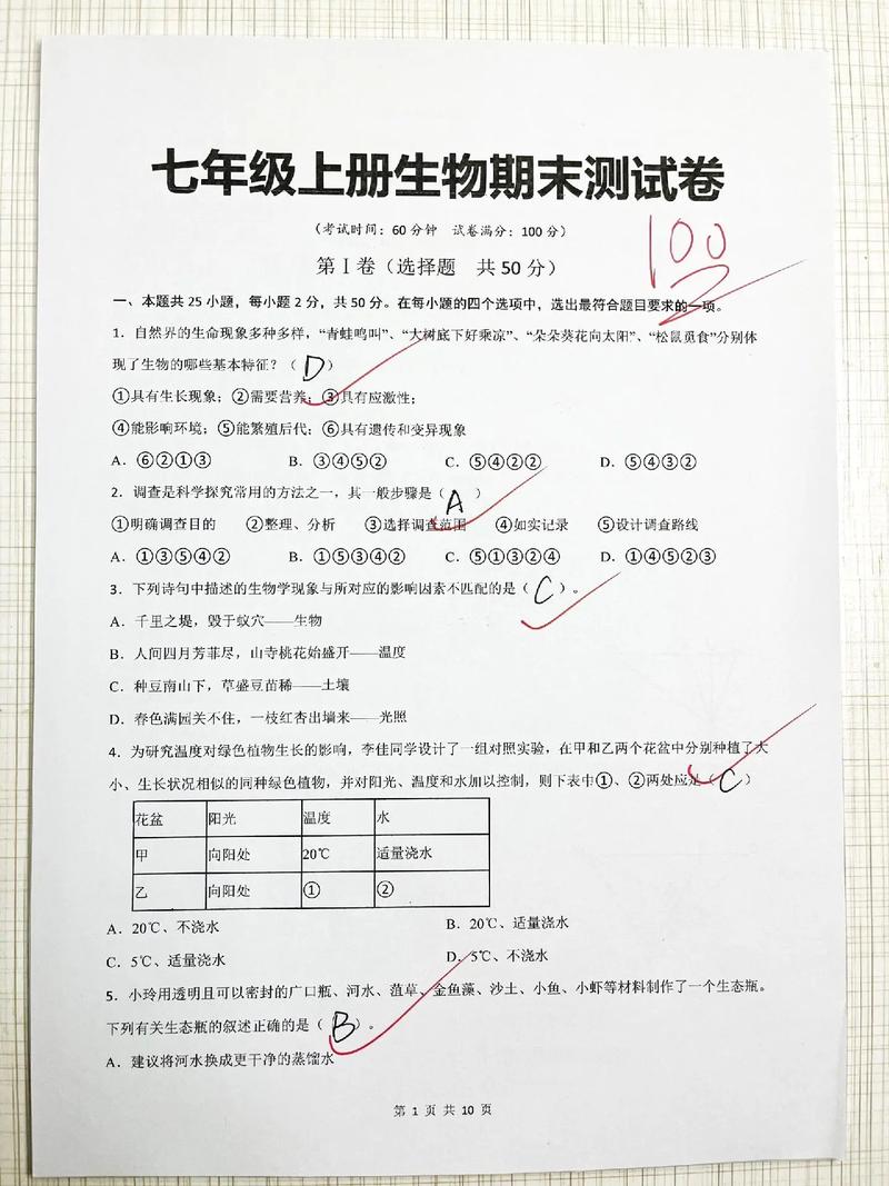 七年级上册生物期末测试题重点难点有哪些？