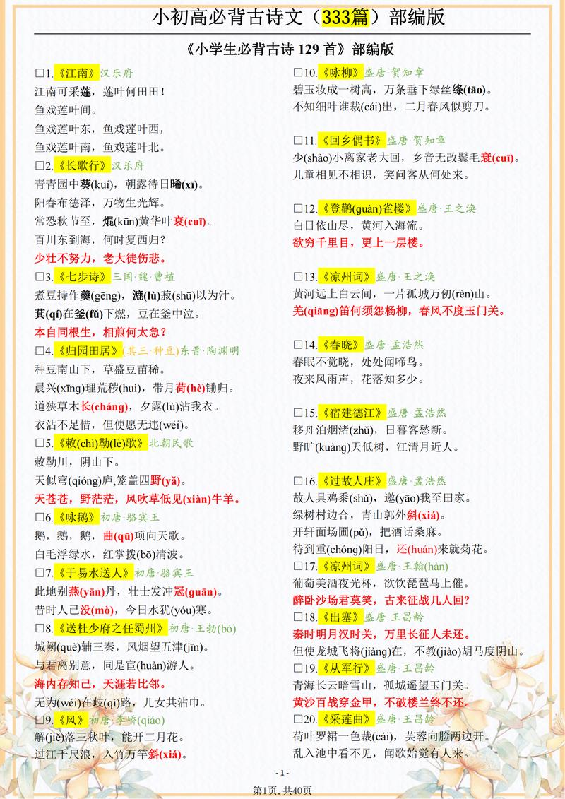 小学到高中必考古诗词有哪些?