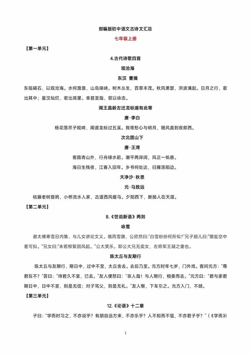 初中语文必修一必背古诗有哪些?