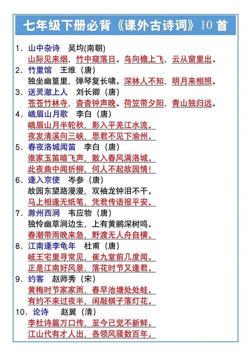 2025七下语文古诗词有哪些重点篇目?