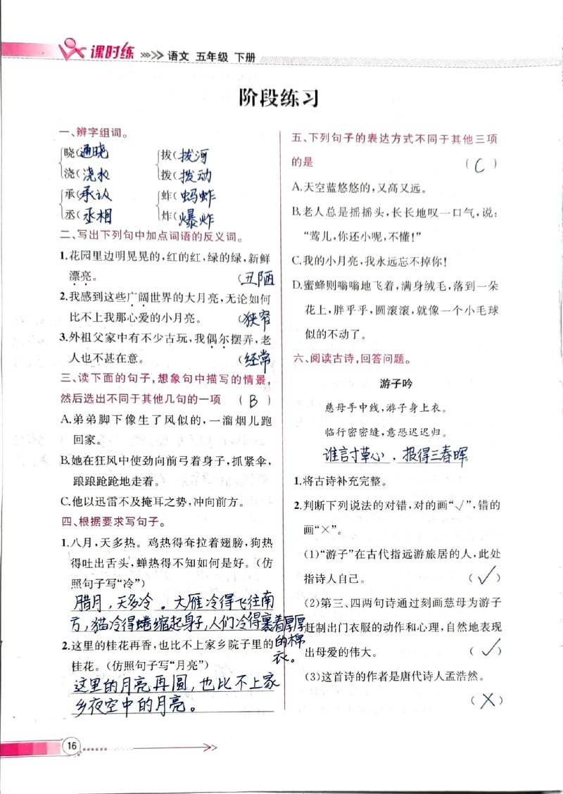 五年级下册语文课课练答案哪里有?