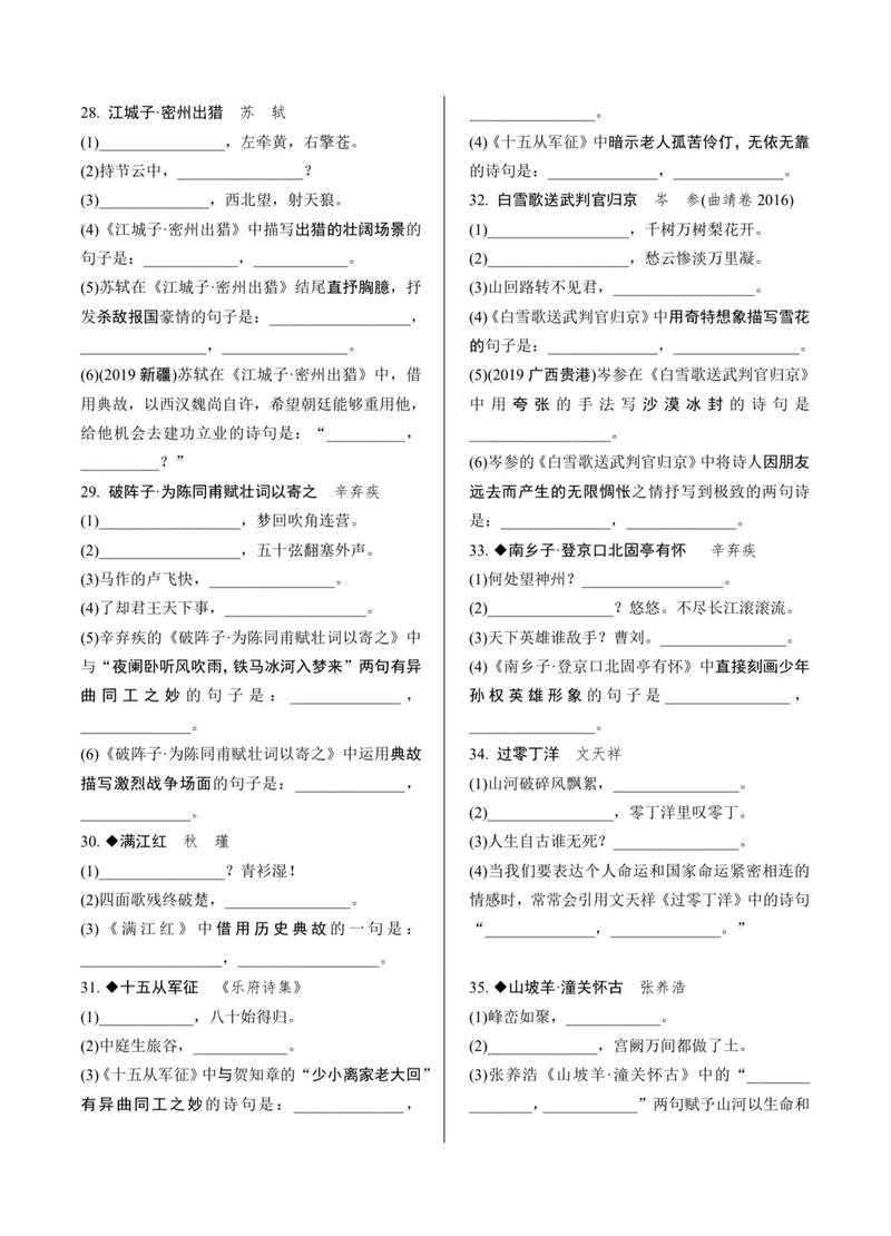 初中古诗词默写填空,常见考点有哪些?