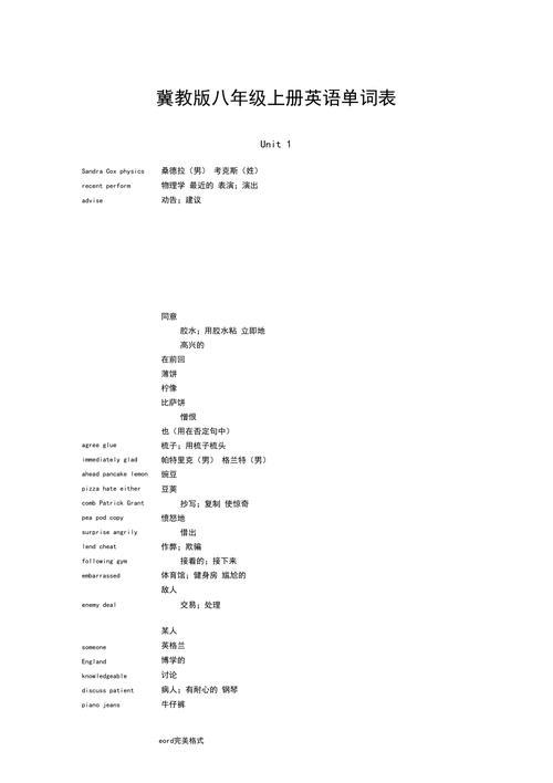 冀教版八年级上册英语单词有哪些？