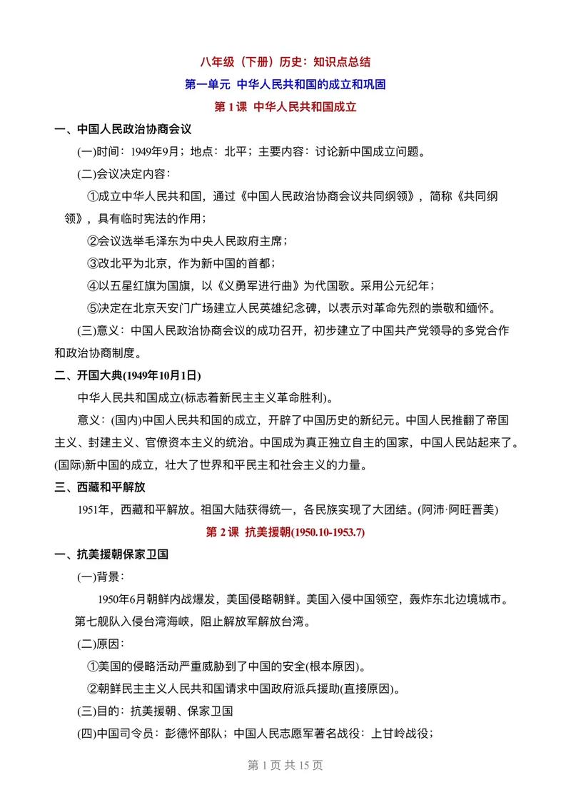 八年级下册历史知识点有哪些核心考点？