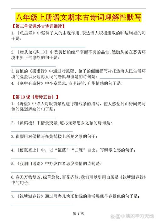 八上课外古诗词诵读试卷重点难点有哪些?