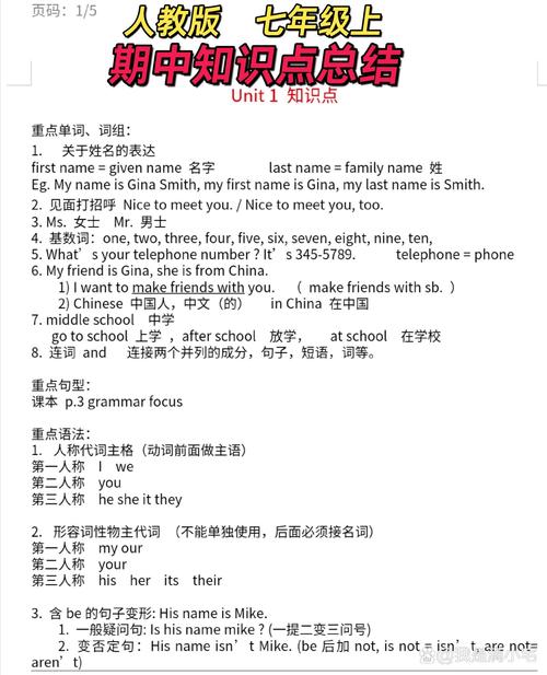 七年级上册英语知识点总结,核心考点有哪些?