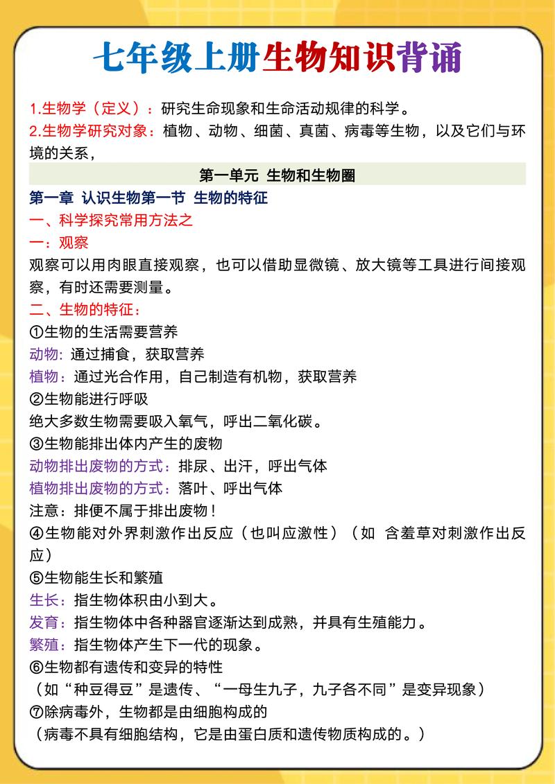 七年级上册生物知识点归纳有哪些重点?