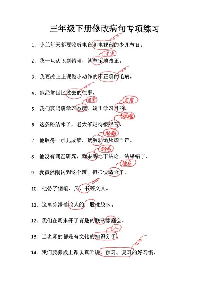 七年级语文修改病句练习，重点难点是什么？