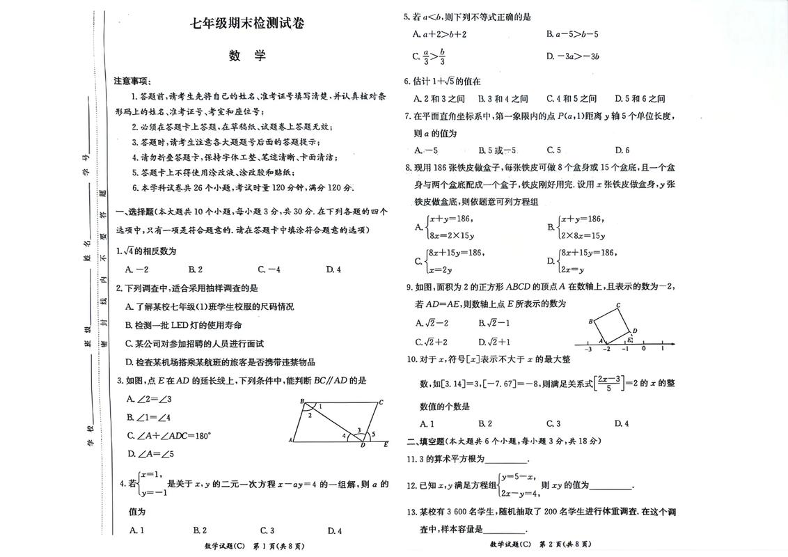 七年级期末2025试卷有哪些重点题型？