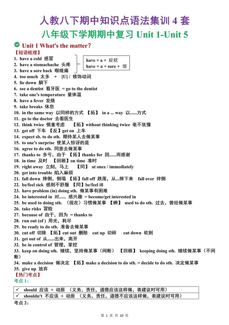 八年级英语下册语法翻译有哪些重点难点？