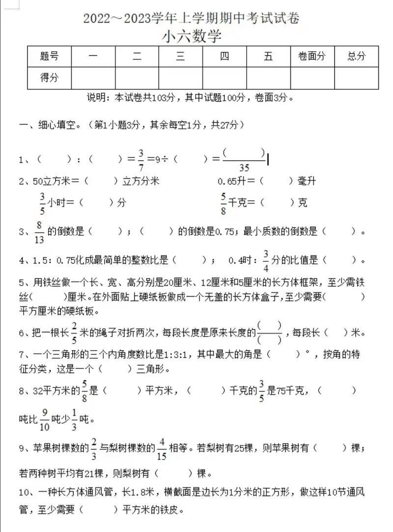 苏教版六年级数学测试卷重点难点有哪些？