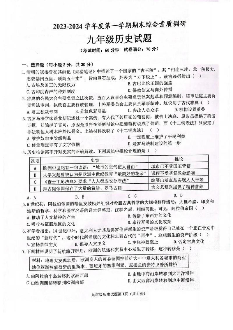 九年级历史上册期末试题考点有哪些？