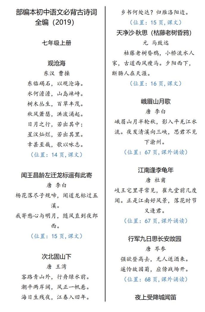 七年级上古诗十首有哪些？