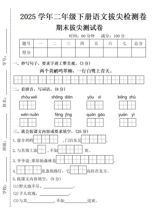 二年级下册语文期末试卷考哪些重点？