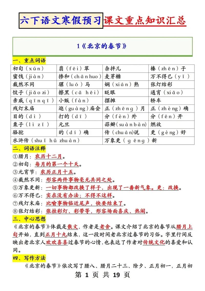 小学六年级语文重点课文