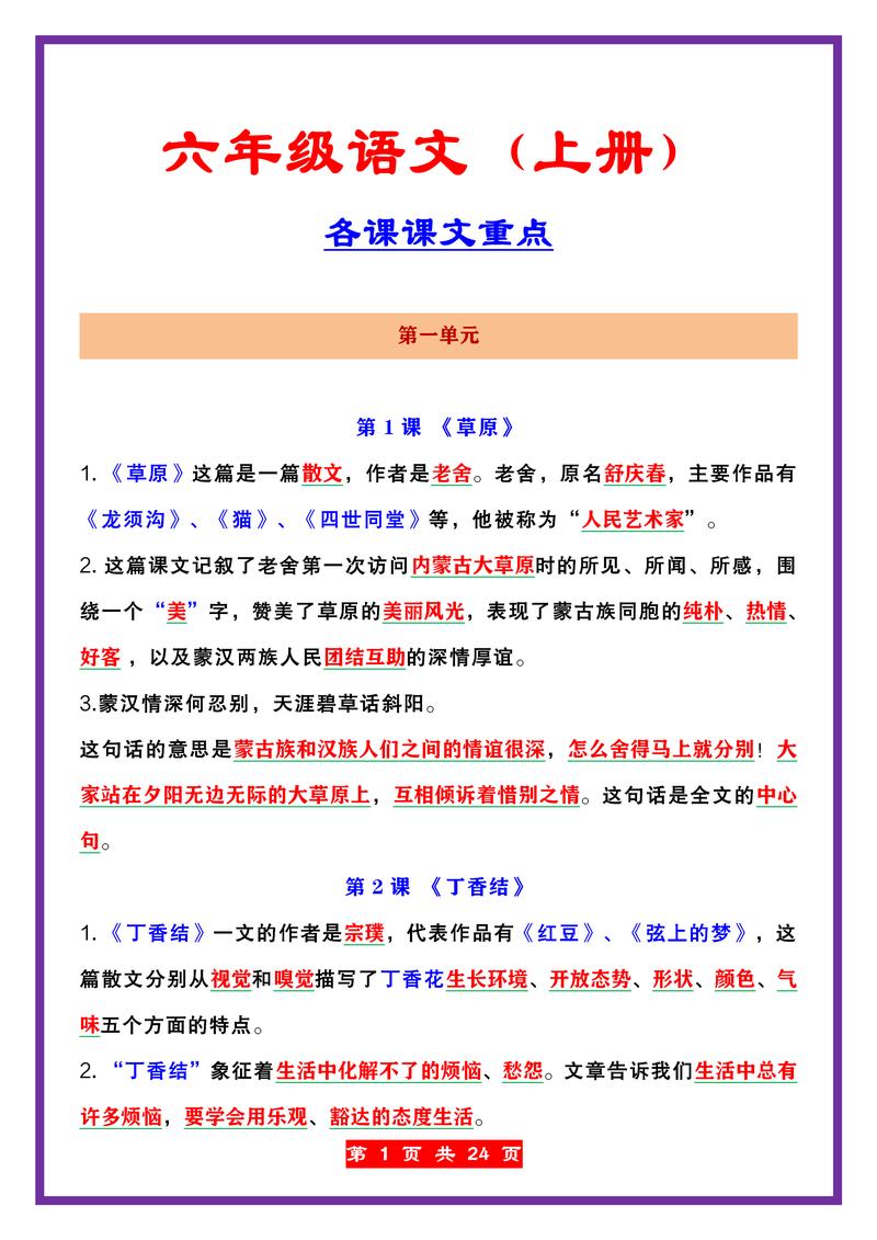 小学六年级语文重点课文