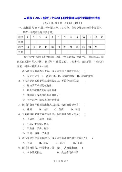 七年级下册生物期末试题有哪些重点难点？