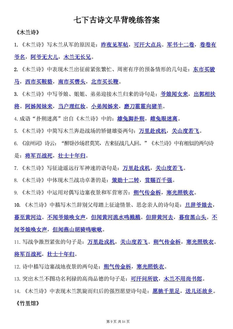 七年级下册古诗理解题