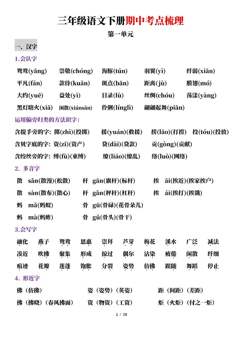 三年级下册语文期中复习,重点难点有哪些?