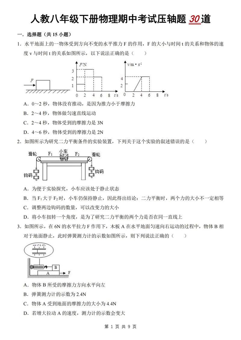 八年级下册物理考试题有哪些重点难点？