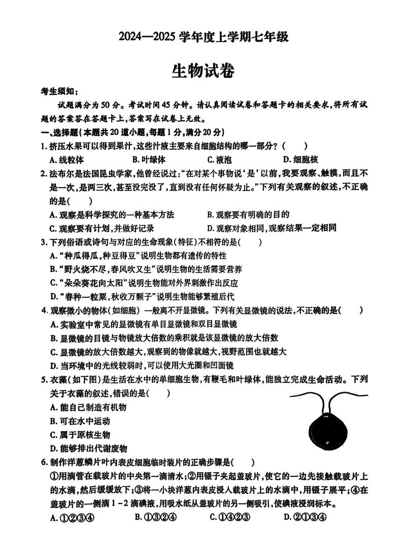 七年级生物上册期末考重点难点有哪些？