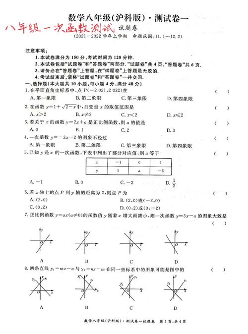 八年级一次函数测试题有哪些核心考点？