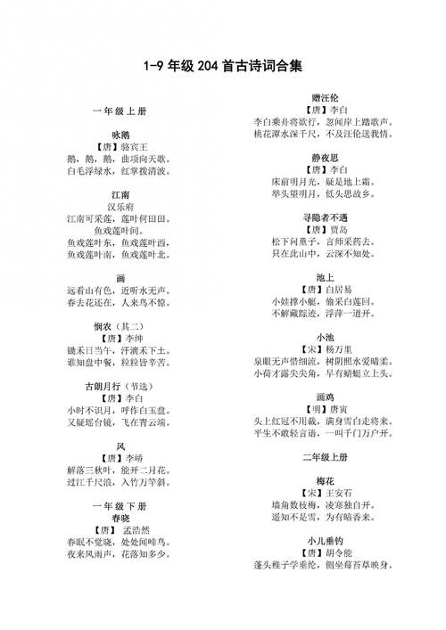一到九年级古诗有哪些？