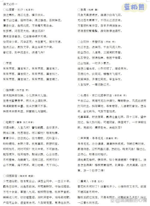 必修一语文必背古诗词有哪些篇目？