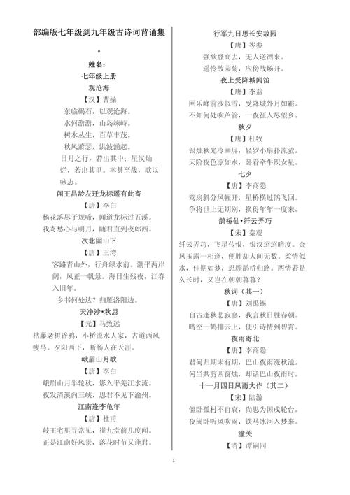 七到九年级古诗有哪些？