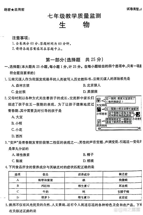 人教版七年级生物期末考什么重点？