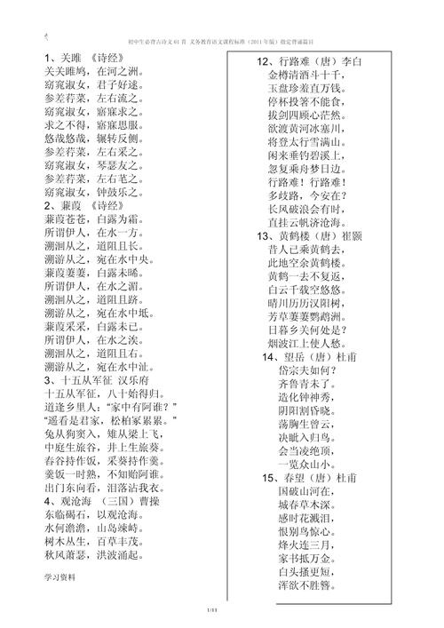 人教版中考必考古诗词有哪些？