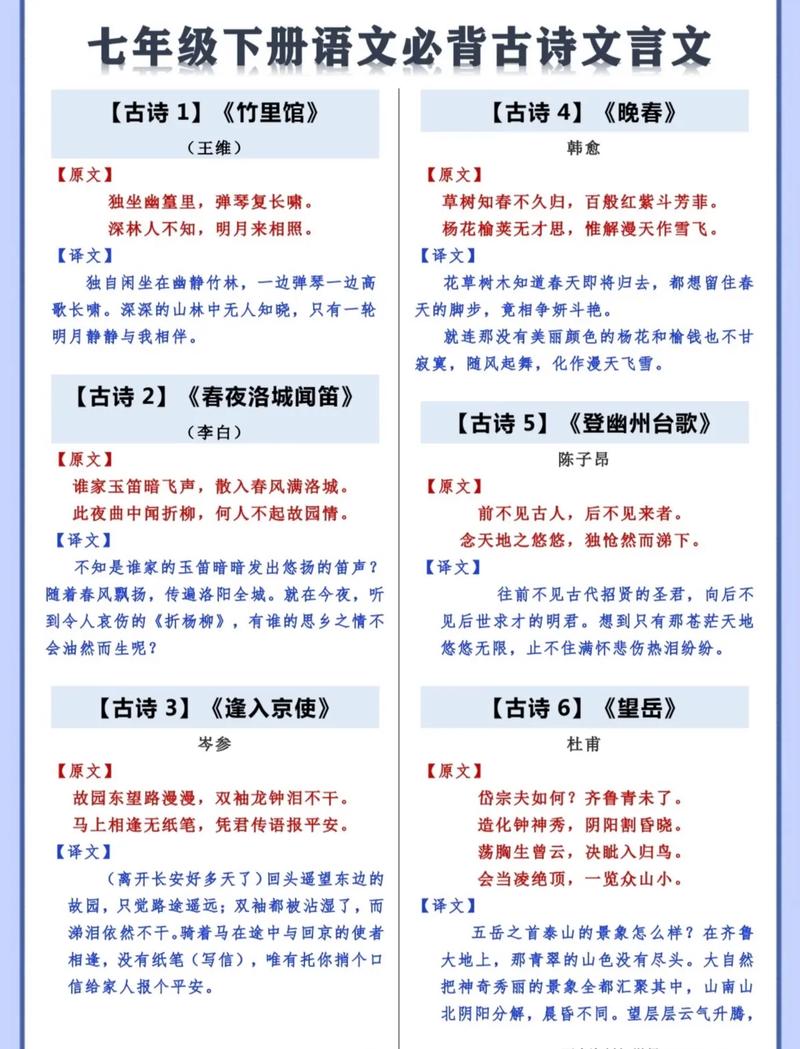 上海七下语文古诗词有哪些重点篇目？